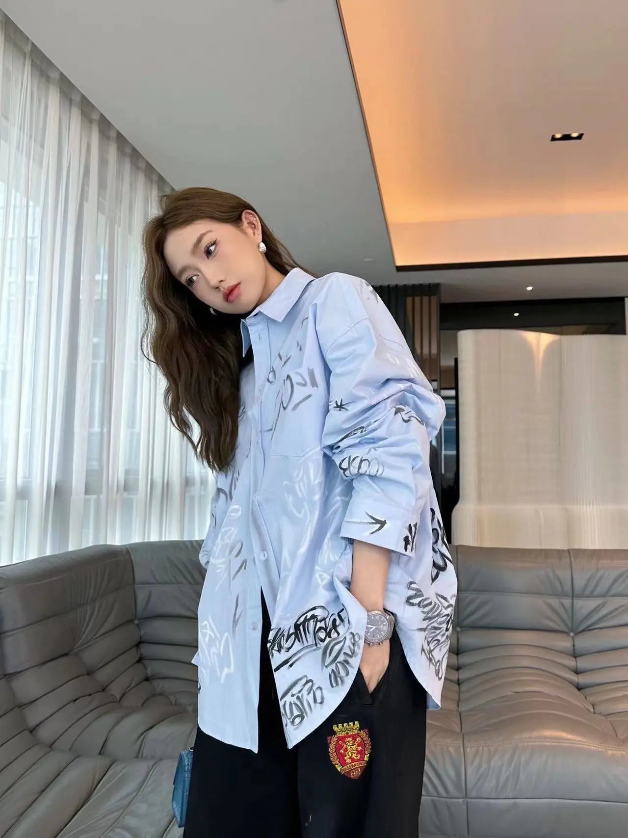 Casual Printing Blouses For Women Lapel Long Sleeve Patchwork Single Breasted Chic Loose Shirt Female Fashion eprolo