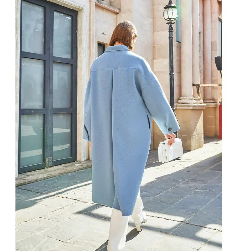 AEL winter wool double woolen coat women Gray-blue Retro wide sleeves overcoat fashion loose lady long outcoat eprolo