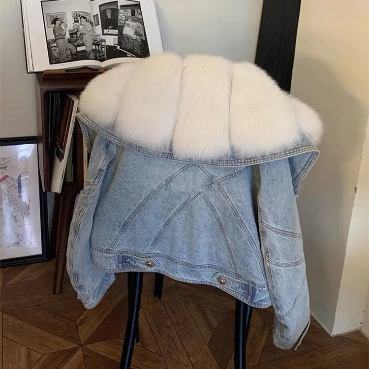 Faux Fur Neck Denim Coat For Women Long Sleeve Blue Patchwork Outwears Warmth Fashion Jacket Autumn Winter New eprolo