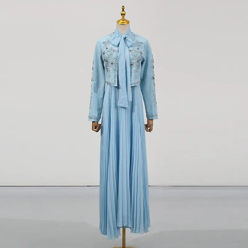 Style Heavy Embroidery Splicing Short Jacket + Pleated High Waist Skirt Set for Women eprolo