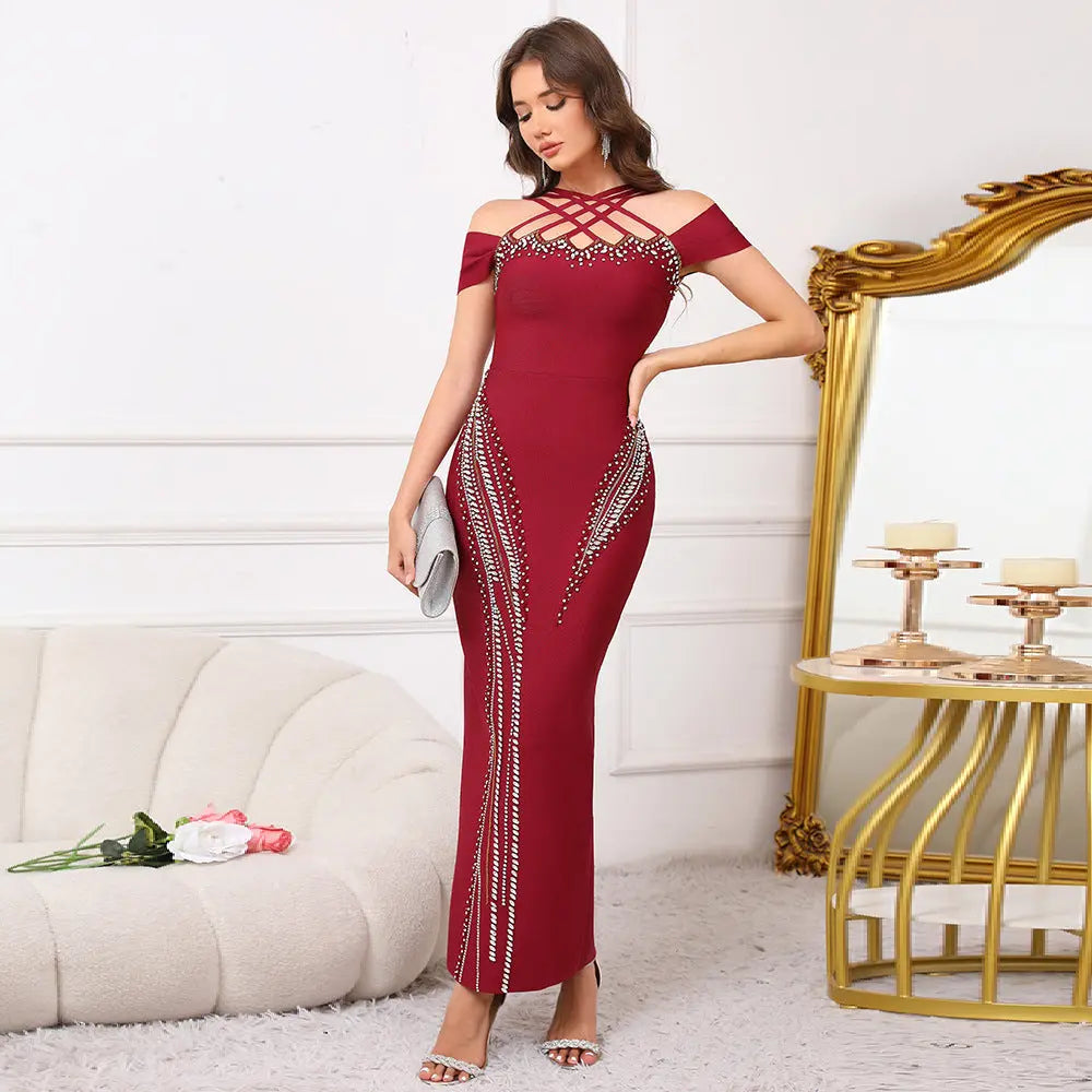 Style Backless Halter Sleeveless Fitted Beaded Embellished Bodycon Long Maxi Pencil Party Dress eprolo
