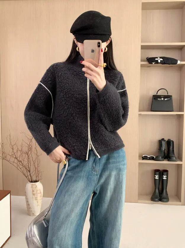 Wool Coat Heavyweight Thick Loose Stand Collar Double Zipper Sweater Women's Winter Wool Cardigan Top eprolo