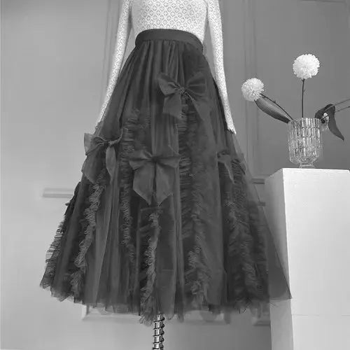 High-End Mesh Long Skirt Handmade Bow Gauze Skirt Fairy High Waist Slimming Umbrella Skirt Designer Model Skirt Evening Dresses eprolo