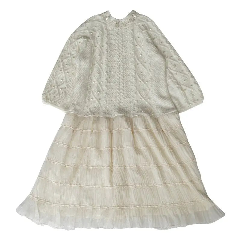 Wool Handmade Beaded Sparkling Elegant Big Skirt False Two-Piece Loose Sweater Dress eprolo