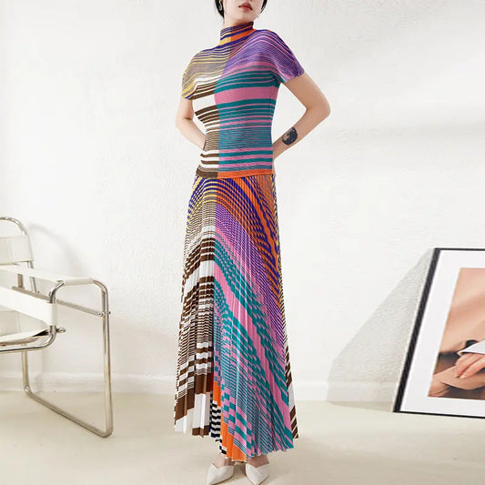 Female Elegant High-end Pleated Set Women Striped Pleated Thin T-shirt Tops Color Block Long Skirts Two-piece Set eprolo
