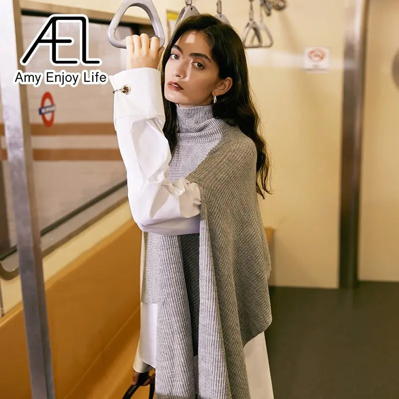 High Neck Sweater Women's Loose Slouchy Shawl Spring Summer New Cape Wool Top eprolo