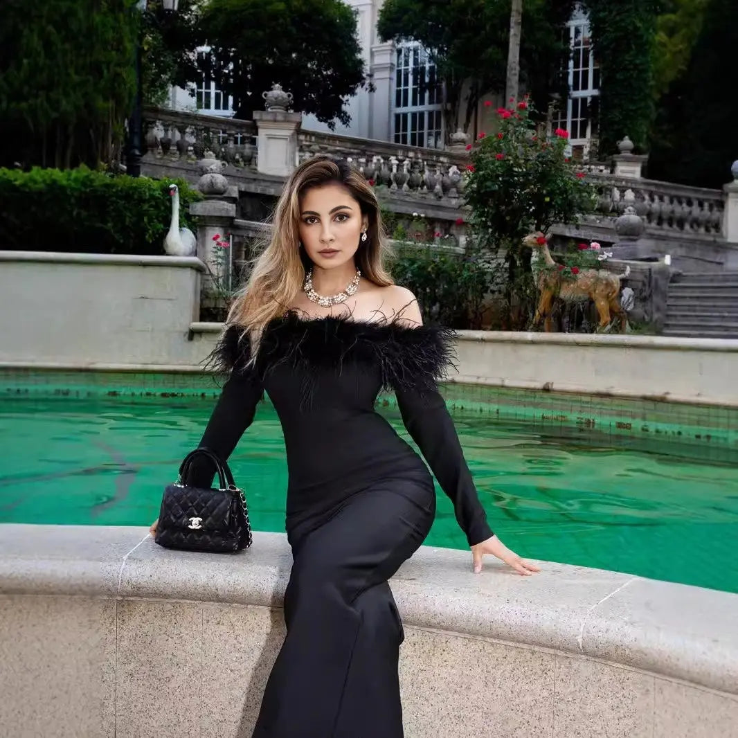 Sexy One Word Hairy Neck Dress for Wearing Outside and Wearing Inside with Hip Wrapping Dress and Bandage Dress eprolo