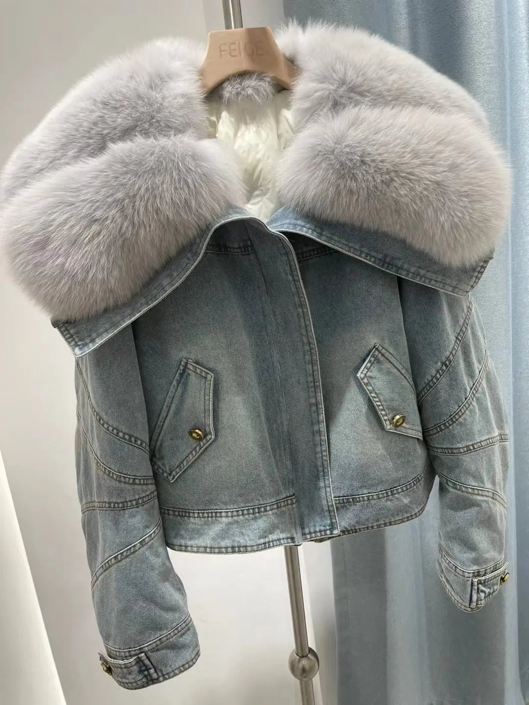 Faux Fur Neck Denim Coat For Women Long Sleeve Blue Patchwork Outwears Warmth Fashion Jacket Autumn Winter New eprolo