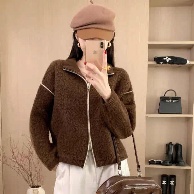Wool Coat Heavyweight Thick Loose Stand Collar Double Zipper Sweater Women's Winter Wool Cardigan Top eprolo