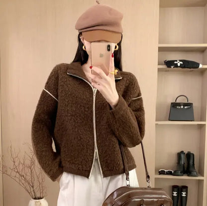 Wool Coat Heavyweight Thick Loose Stand Collar Double Zipper Sweater Women's Winter Wool Cardigan Top eprolo