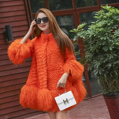 Europe and America women Mongolia Sheep fur sleeve and hem ladies loose outwear Genuine fur coat fashion New fur jacket eprolo