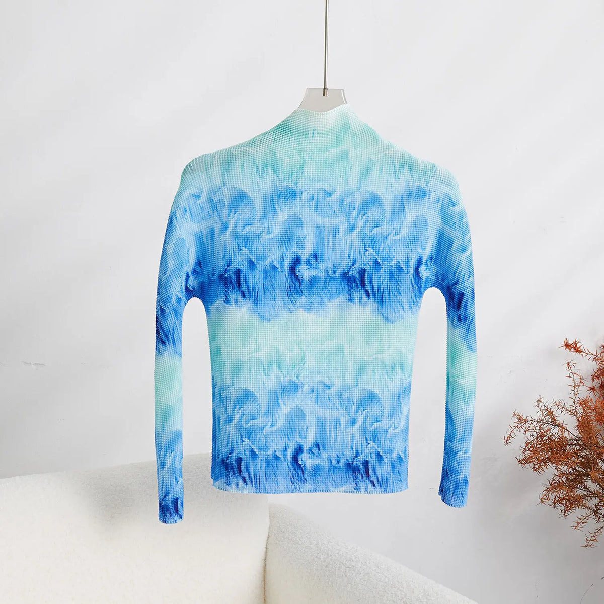 Printed Wave Pleated 2 Pieces Set Women's Turtleneck Long Sleeves Slim Tops High Wasit Fold Skirts Female eprolo