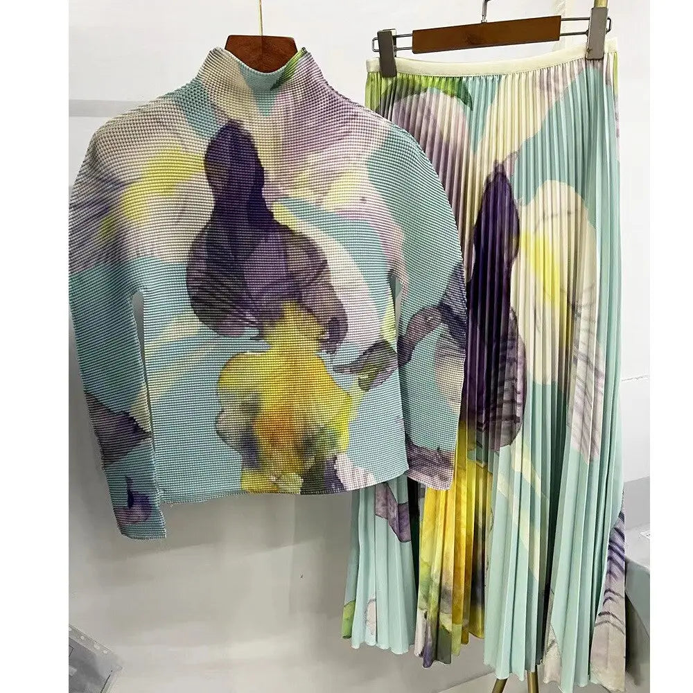 Long Halfskirt Set Women's Fashion Women's Spring New Long Sleeve Pleated T-shirt Pleated Skirt Two Piece Set eprolo