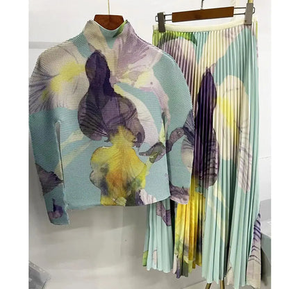 Long Halfskirt Set Women's Fashion Women's Spring New Long Sleeve Pleated T-shirt Pleated Skirt Two Piece Set eprolo