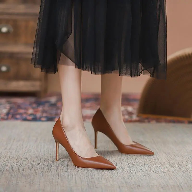 Tikicup Solid Khaki Brown Matte Women Pointed Toe Stiletto High Heels Slip On OL Dress Shoes Elegant Ladies Formal Pumps eprolo