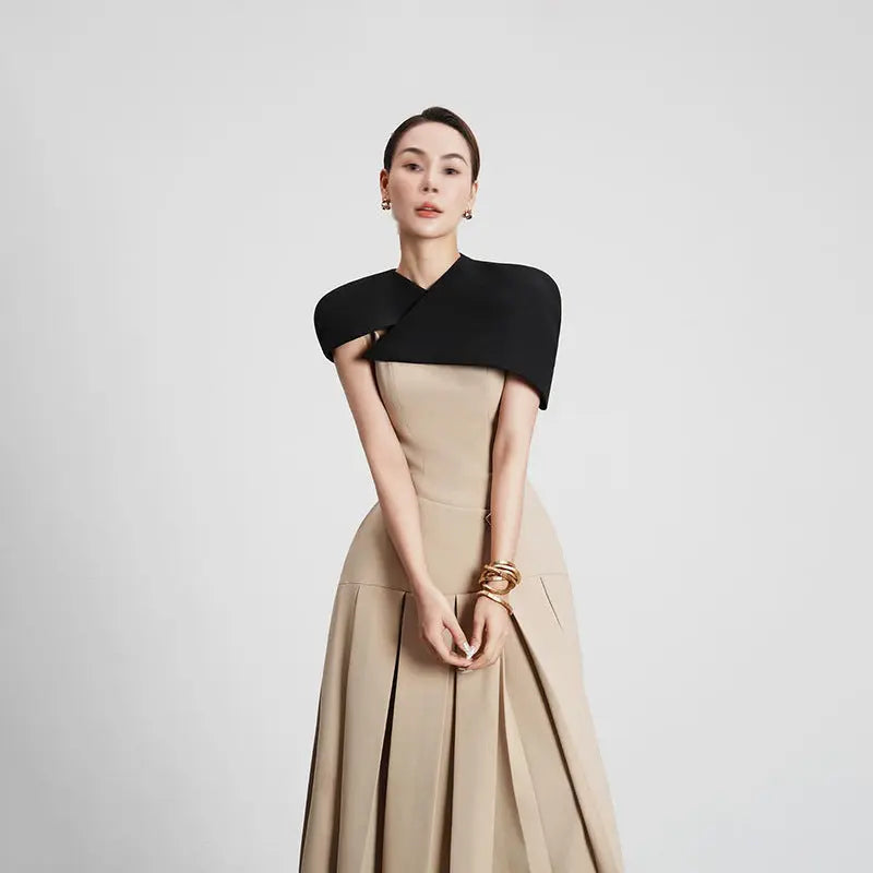 French Elegance Royal Style Long Dress Shoulder Cape Sleeveless Design Waist-Cinching Irregular Hem Women's Dress eprolo
