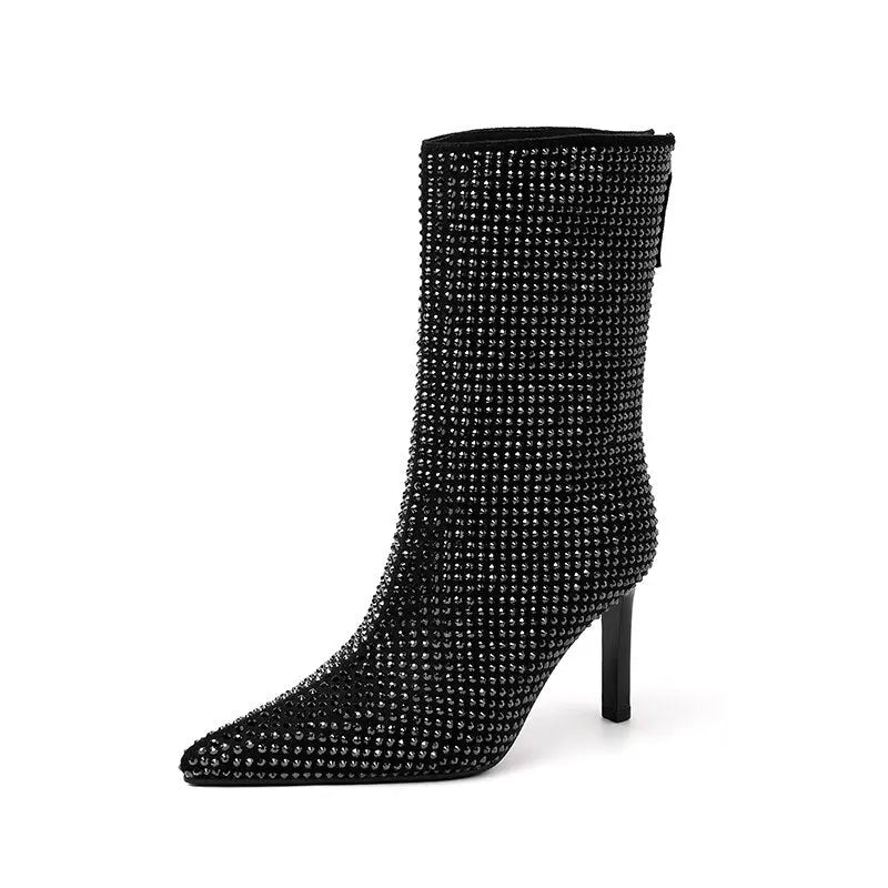 Women's Rhinestone High Heel Booties Fall New Pointed Toe Mid Boots 8.5cm High Heel Black Rhinestone Side Zipper Boots Size 39 eprolo
