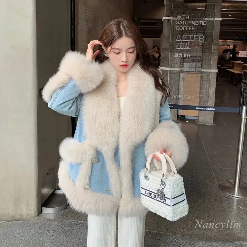 Denim Fur Splicing Coat Women's Environmental Protection Imitation Fox Fur Winter Overcoats New Popular Mid-Length Coats eprolo