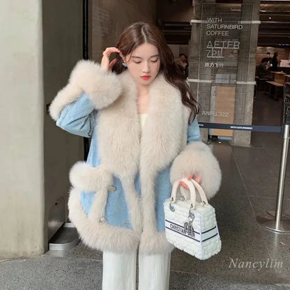 Denim Fur Splicing Coat Women's Environmental Protection Imitation Fox Fur Winter Overcoats New Popular Mid-Length Coats eprolo