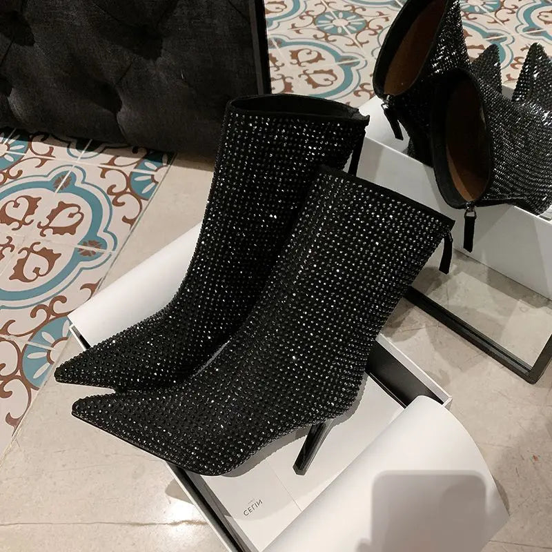 Women's Rhinestone High Heel Booties Fall New Pointed Toe Mid Boots 8.5cm High Heel Black Rhinestone Side Zipper Boots Size 39 eprolo