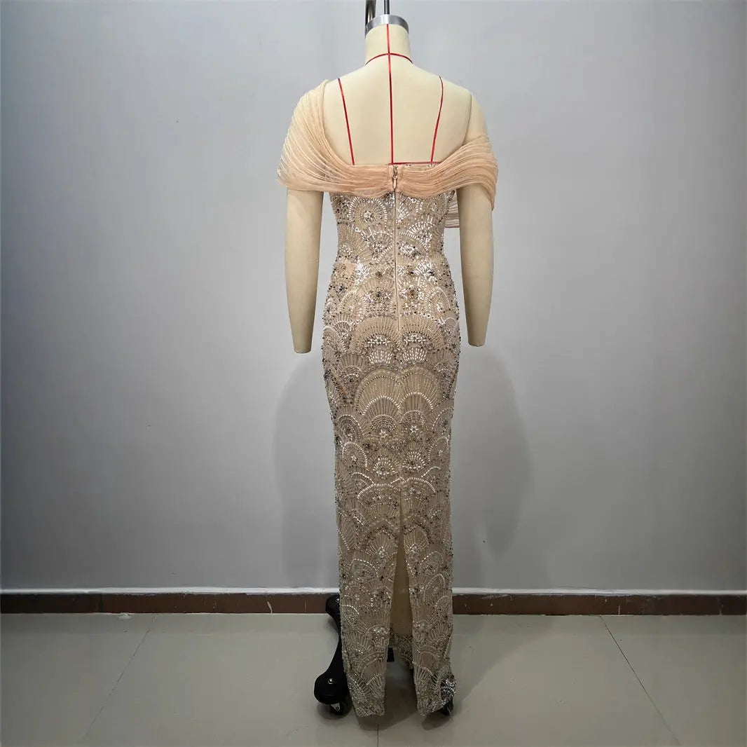 Sexy Design Mesh Sleeveless Fitted Sequined Long Length Bodycon Party Wholesale Women's Dress eprolo