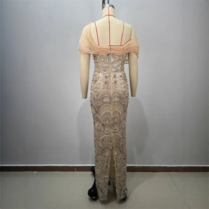 Sexy Design Mesh Sleeveless Fitted Sequined Long Length Bodycon Party Wholesale Women's Dress eprolo