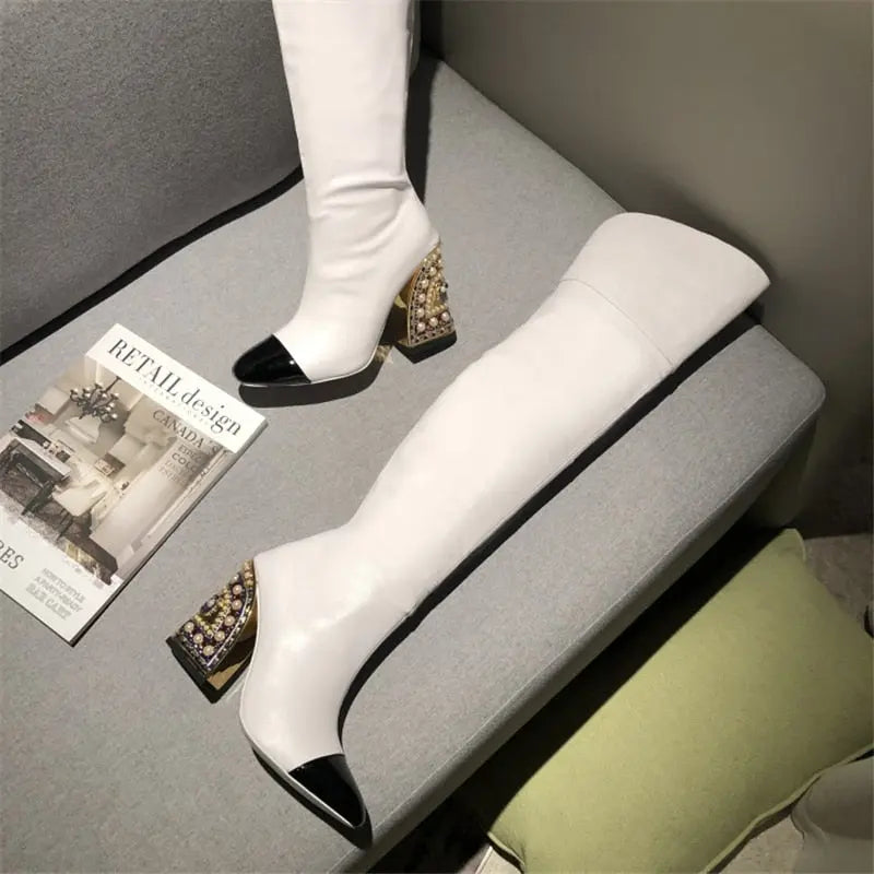 Fashion Sexy Women Pointed-Toe Boots Catwalk Style With Pearl Pattern Shaped Heel Over-The-Knee Large Size Shoes Party High Boot eprolo