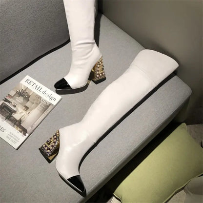 Fashion Sexy Women Pointed-Toe Boots Catwalk Style With Pearl Pattern Shaped Heel Over-The-Knee Large Size Shoes Party High Boot eprolo