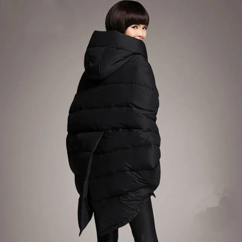 Down Jacket Women's New Mid Length White Duck Down Loose Pocket Hooded Cloak Jacket eprolo