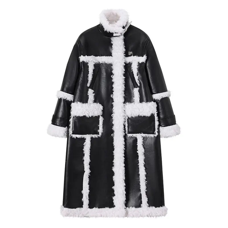 Women's Lamb Wool Splicing Trench Lapel Single Breasted Mid-ccalf Full Sleeve Black Suede Windbreak eprolo