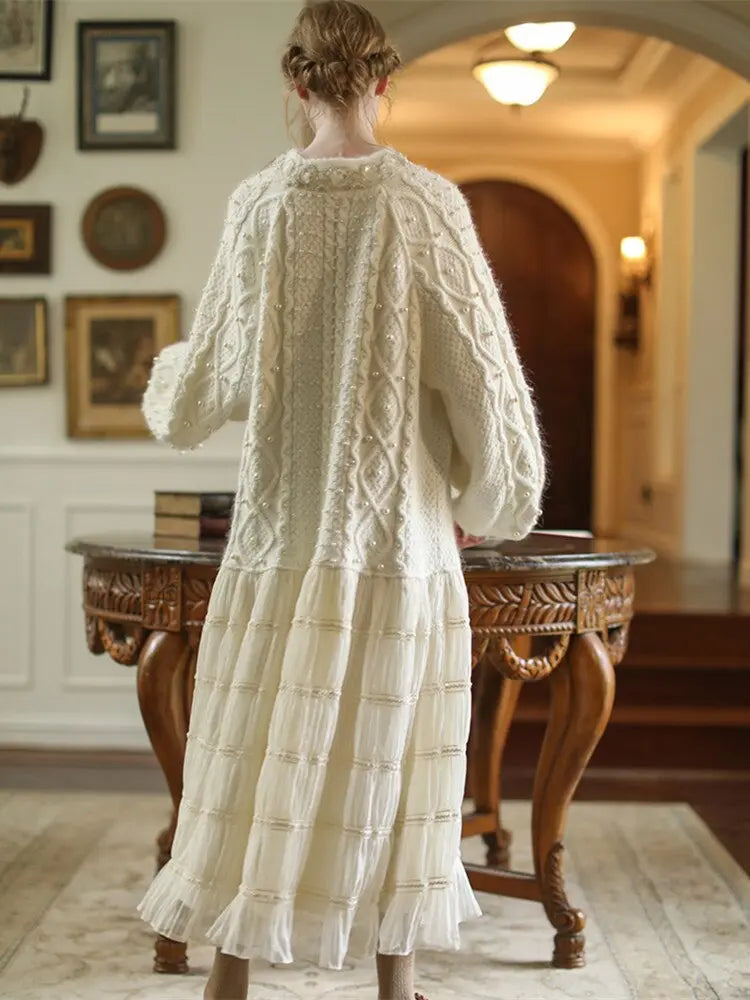 Wool Handmade Beaded Sparkling Elegant Big Skirt False Two-Piece Loose Sweater Dress eprolo