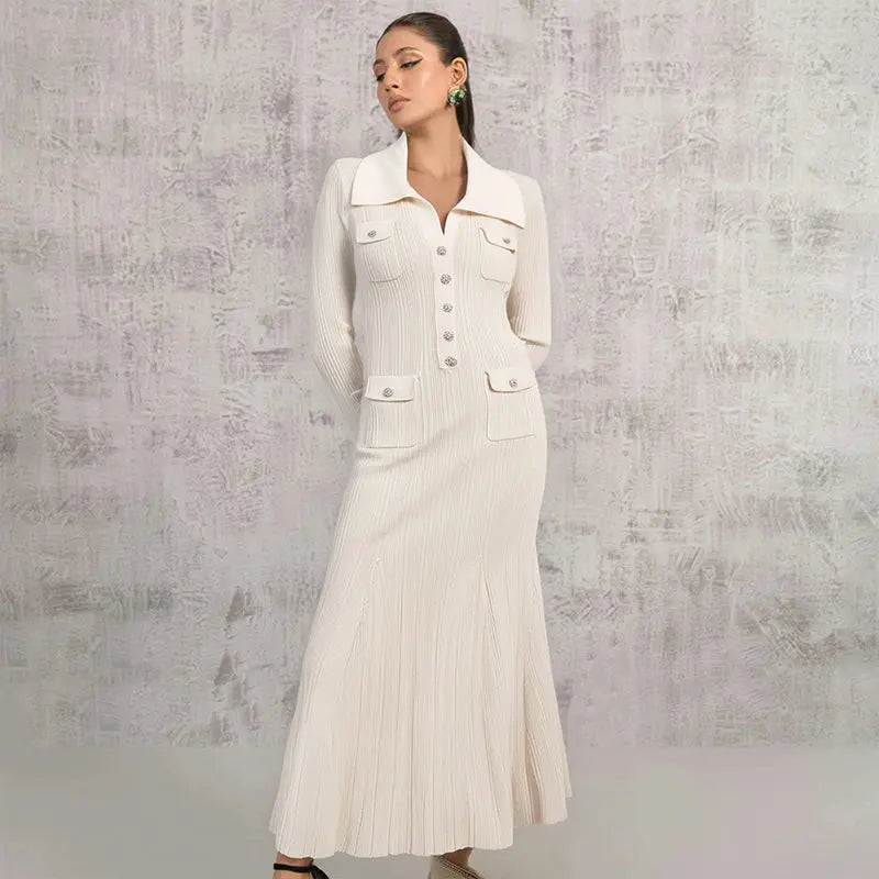 Ivory fishtail maxi dress delicate and elegant ribbed knit long sleeve stretch slim wrap Womens dresses  spring new eprolo