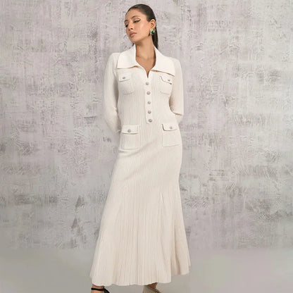 Ivory fishtail maxi dress delicate and elegant ribbed knit long sleeve stretch slim wrap Womens dresses  spring new eprolo