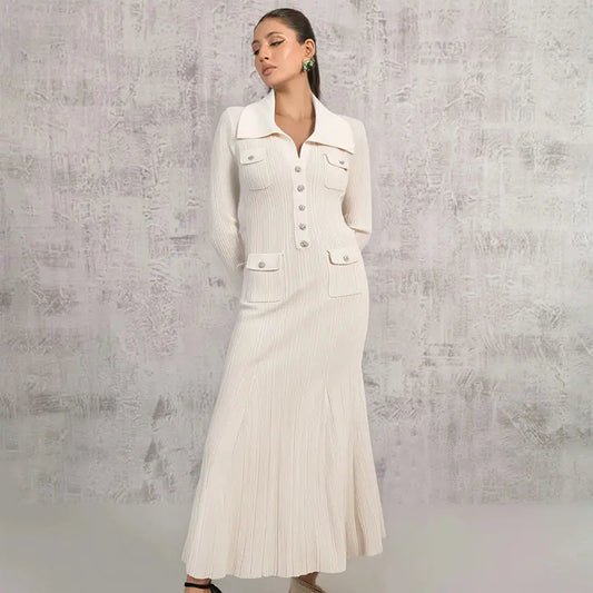 Ivory fishtail maxi dress delicate and elegant ribbed knit long sleeve stretch slim wrap Womens dresses  spring new eprolo