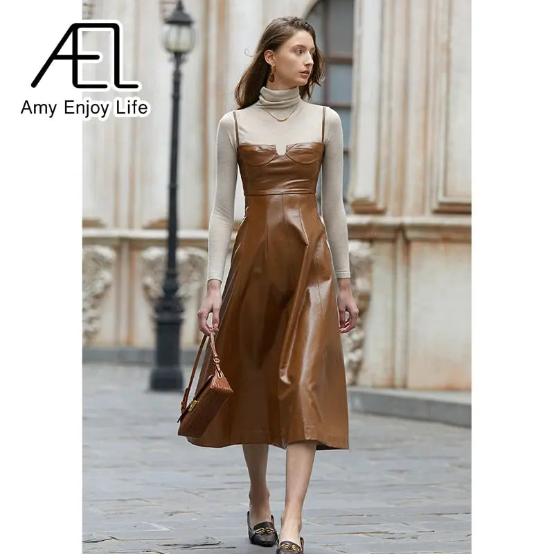 Premium Sense Of Modern Retro Chic High Waist Temperament Slim Halter Leather Lining Dress eprolo