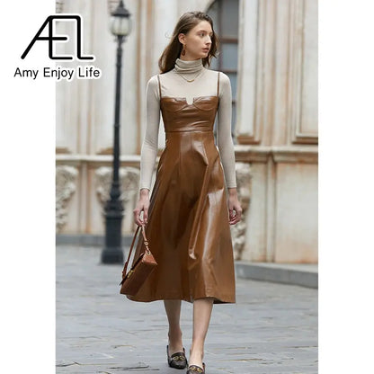 Premium Sense Of Modern Retro Chic High Waist Temperament Slim Halter Leather Lining Dress eprolo