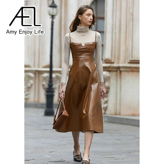 Premium Sense Of Modern Retro Chic High Waist Temperament Slim Halter Leather Lining Dress eprolo