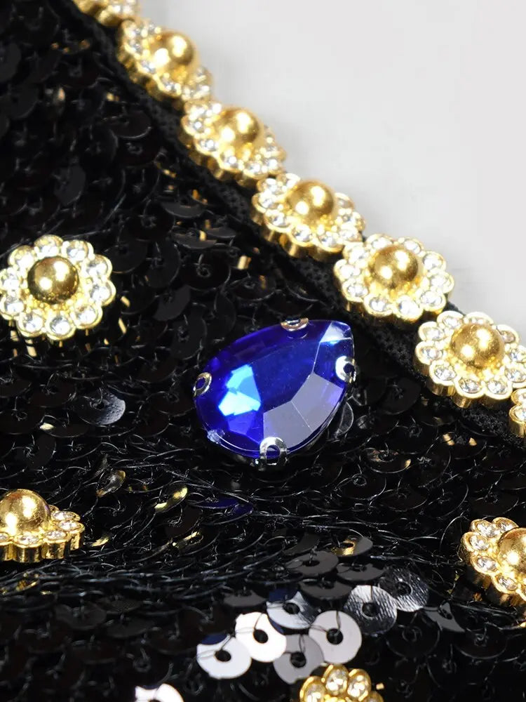 Black Evening Dinner Dress Women Elegant Square Collar Crystal Sequins Spaghetti Strap Dresses eprolo