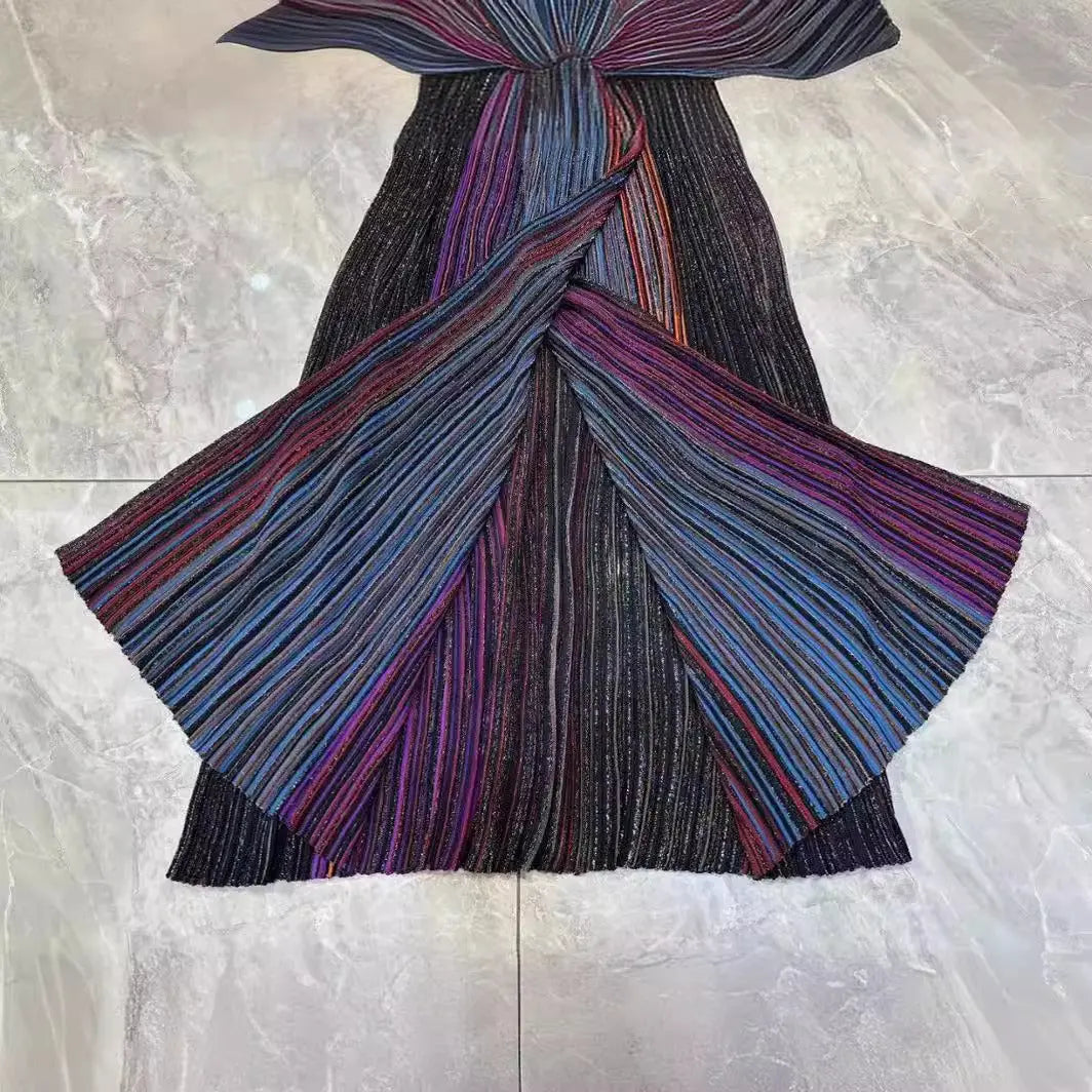 Nanyou Summer Gradient Color Striped Long Skirt Temperament Commuting Pleated Skirt Waist Knitted Elastic Dress eprolo