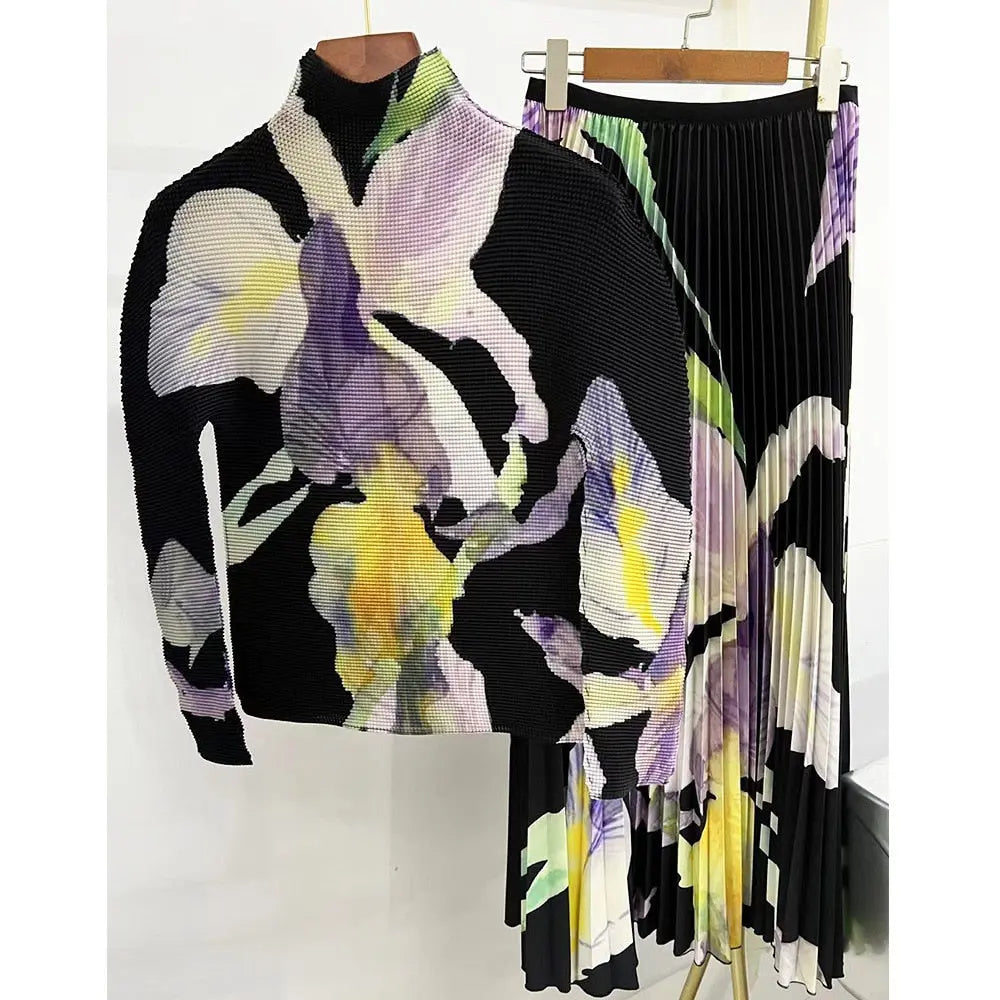 Long Halfskirt Set Women's Fashion Women's Spring New Long Sleeve Pleated T-shirt Pleated Skirt Two Piece Set eprolo