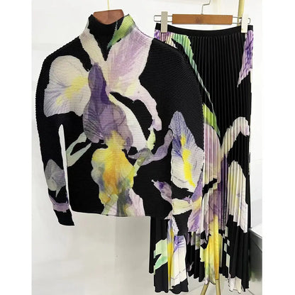 Long Halfskirt Set Women's Fashion Women's Spring New Long Sleeve Pleated T-shirt Pleated Skirt Two Piece Set eprolo