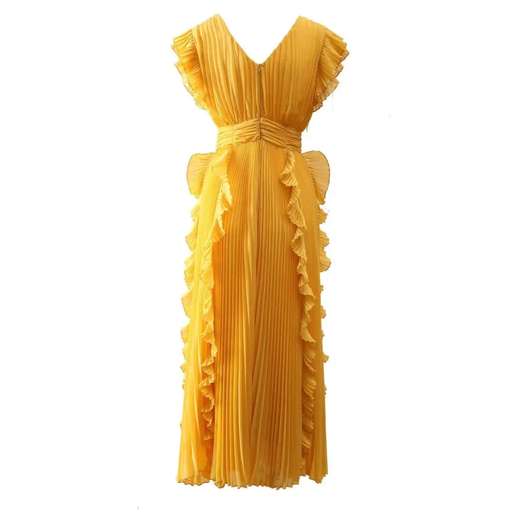 Women's V-neck Qiaoqi pleated wood ear patchwork yellow banquet dress long skirt eprolo