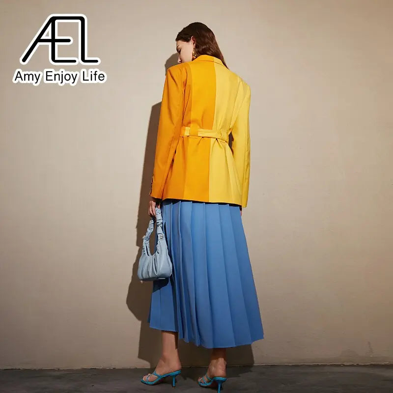 AEL Yellow Blazer Jacket Causal Women Long-Sleeve Loose Coat Color Blocking Fashion Streetwear eprolo