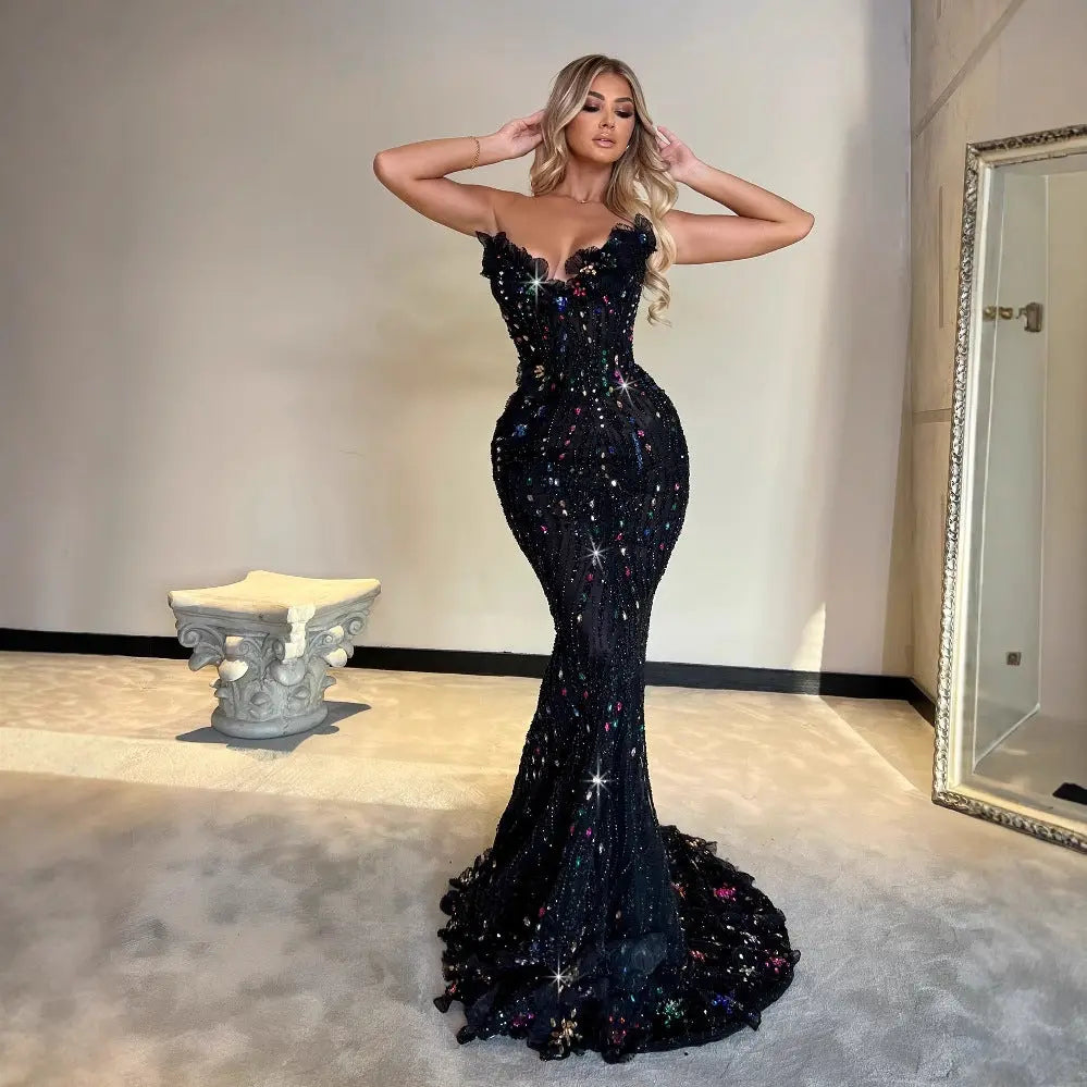 Shiny Sequin Evening Dress Long V-neck Waist-tightening Fitted Dress Mermaid Long Dress Women eprolo