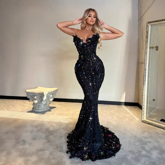 Shiny Sequin Evening Dress Long V-neck Waist-tightening Fitted Dress Mermaid Long Dress Women eprolo