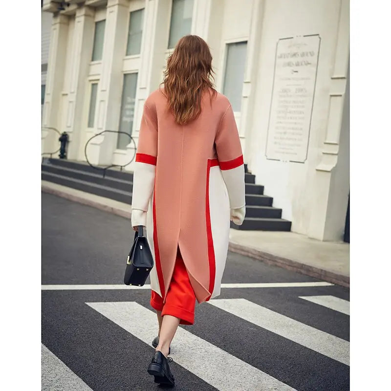 Show High Stitching Collision Color Niche Design Sense Double-Sided Wool Long Coat Female Winter eprolo