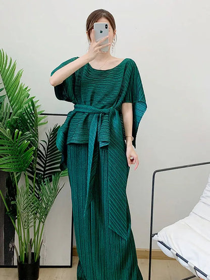Two Pieces Pleated Skirt Set For Women Batwing Sleeves Loose Top With Long Length Skirts Female Elegant Clothing eprolo
