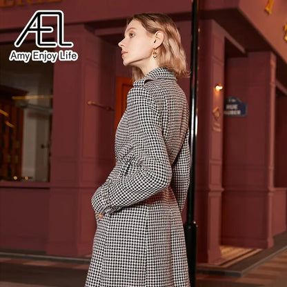 Winter Wool Long Coat Women Retro Houndstooth A-Line Trench Coats eprolo