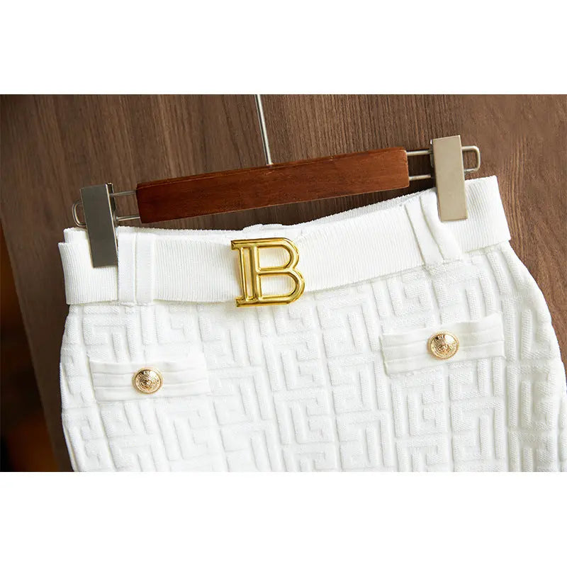 New Knitted Dress Heavy Industry Suit Collar Wanzi Top Belt Hip Wrap Dress Two Piece Fashion Set eprolo