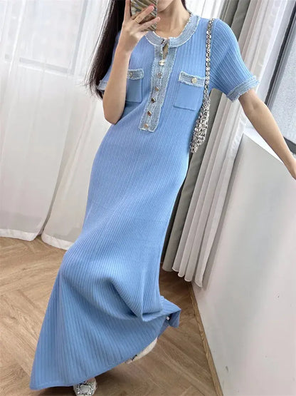 Elastic slim fit round neck button up long knit dress eprolo